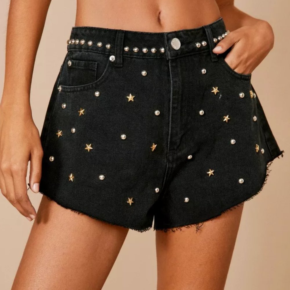 Nasty Gal Premium Embellished Star Studded Jean Shorts - Washed Black - 2(S)